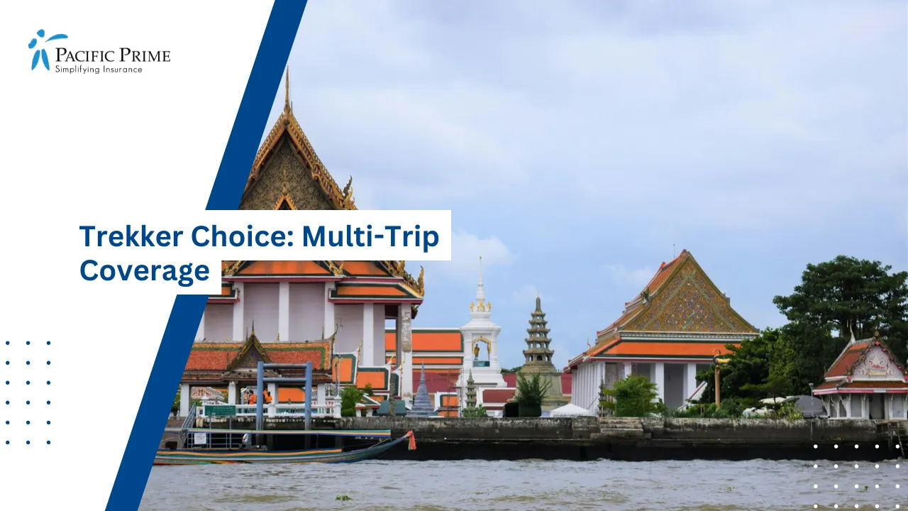 Image of Scenic View Of Chao Phraya River With Cityscape Backdrop with text overlay of "Trekker Choice: Multi-Trip Coverage"