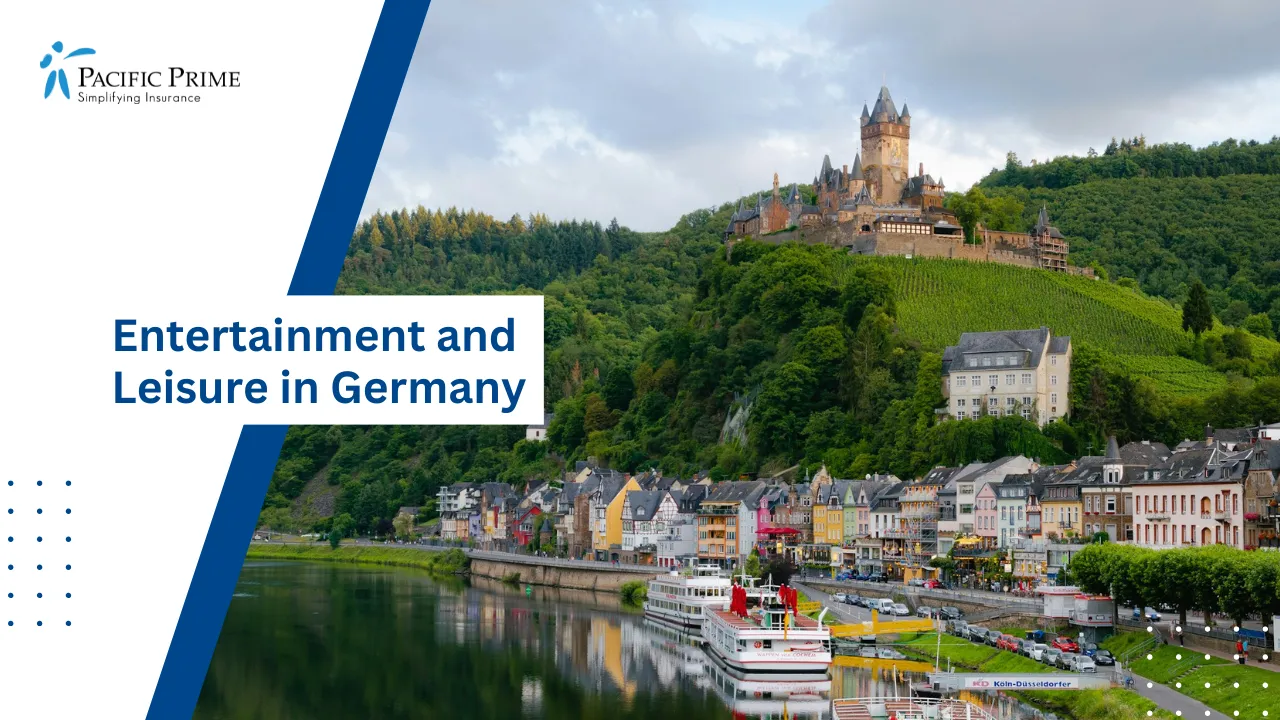 Image of Scenic View Of Cochem Town Along The Moselle River In Germany with text overlay of "Entertainment and Leisure in Germany"