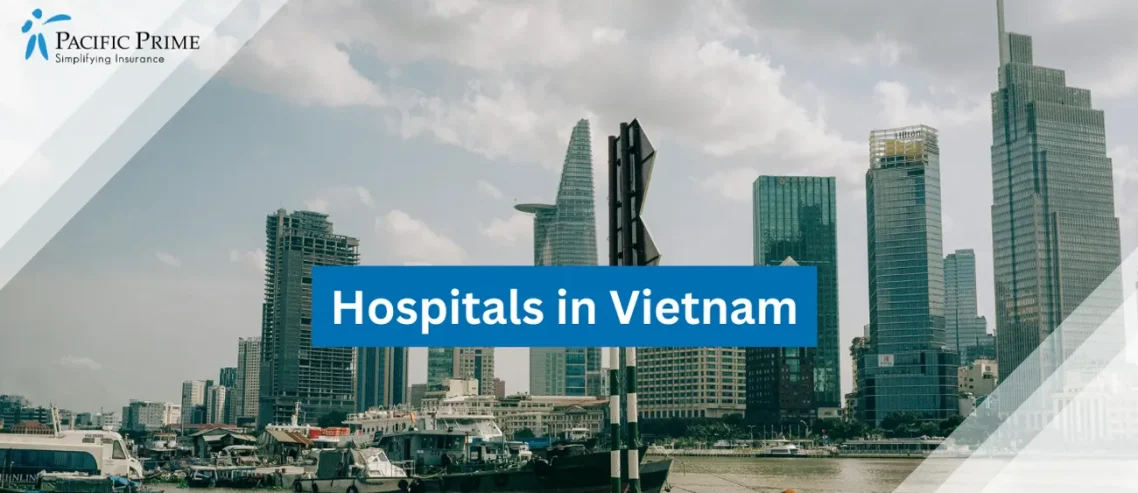 Image of Scenic View Of Ho Chi Minh City Skyline From The Saigon River with text overlay of "Hospitals in Vietnam"