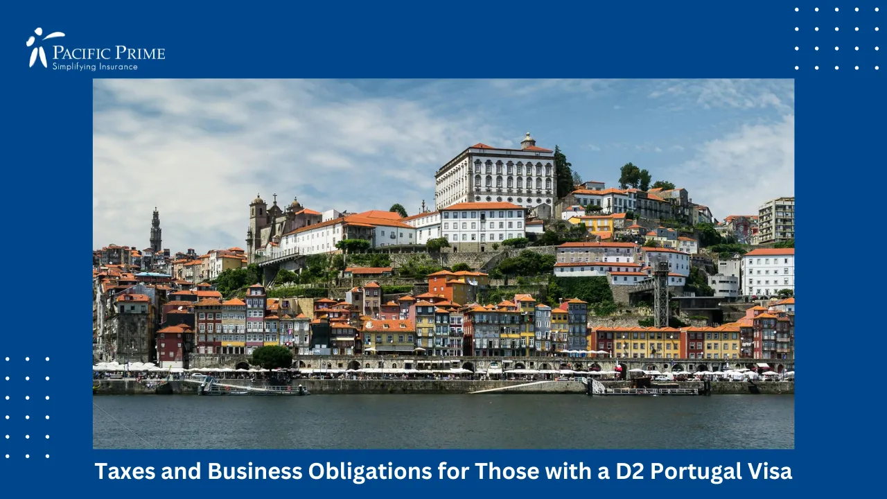 Image of Scenic View Of Porto’s Historic Architecture Along The Riverside with text overlay of "Taxes and Business Obligations for Those with a D2 Portugal Visa"