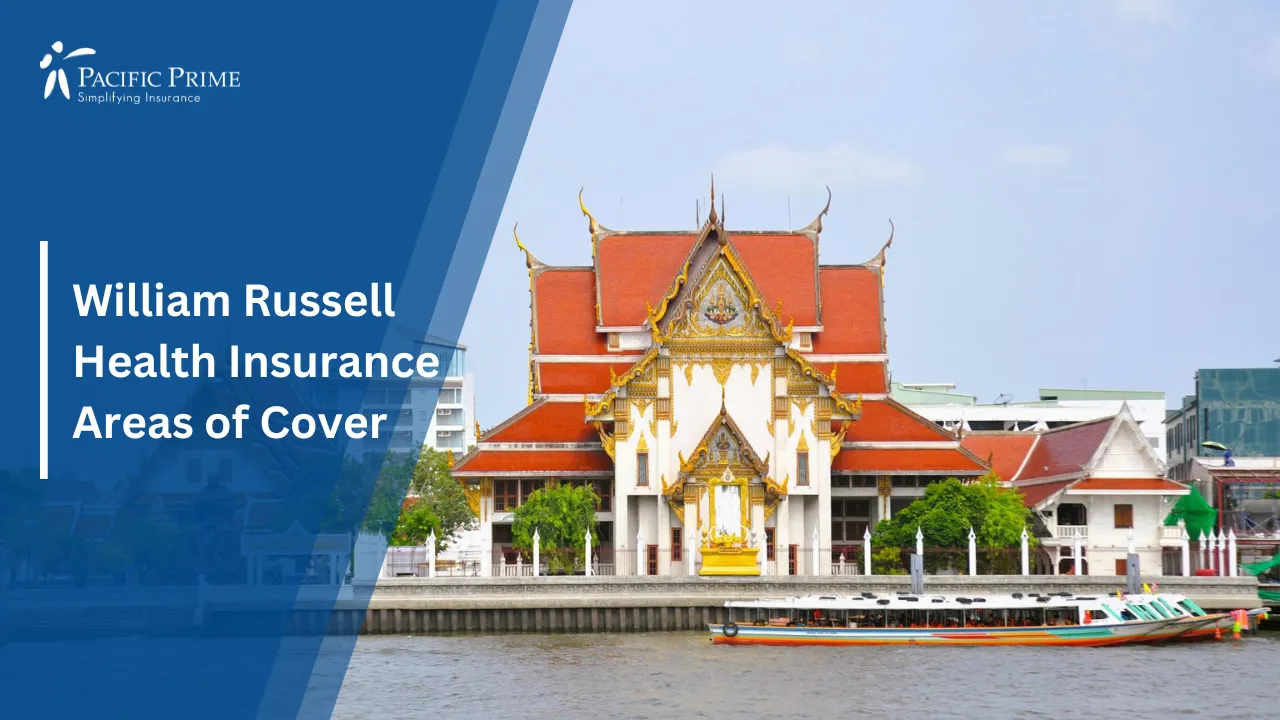 Image of Scenic View Of Riverside Temple In Bangkok Along Chao Phraya River with text overlay of "William Russell Health Insurance Areas of Cover "