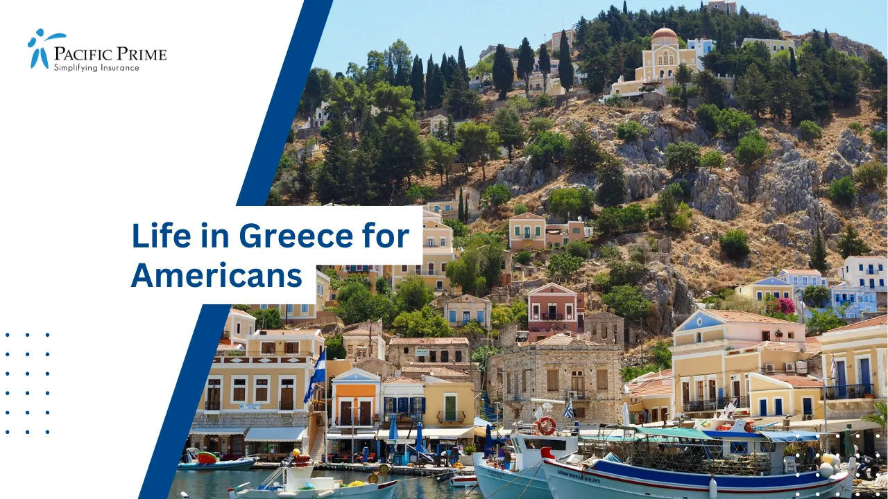 Image of Scenic View Of Symi Island With Colorful Buildings, Dodecanese, Greece with text overlay of "Life in Greece for Americans"