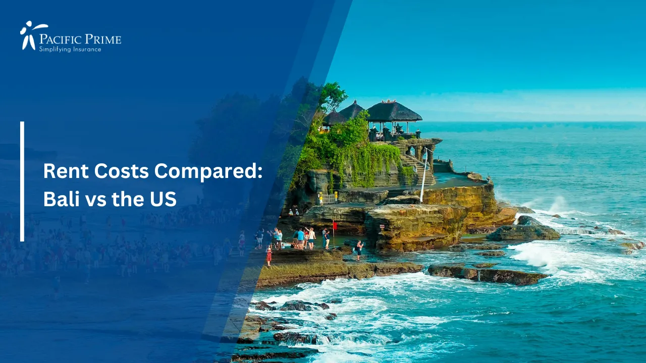 Image of Scenic View Of Tanah Lot Temple On Coastal Rock Formation In Bali with text overlay of "Rent Costs Compared: Bali vs the US"