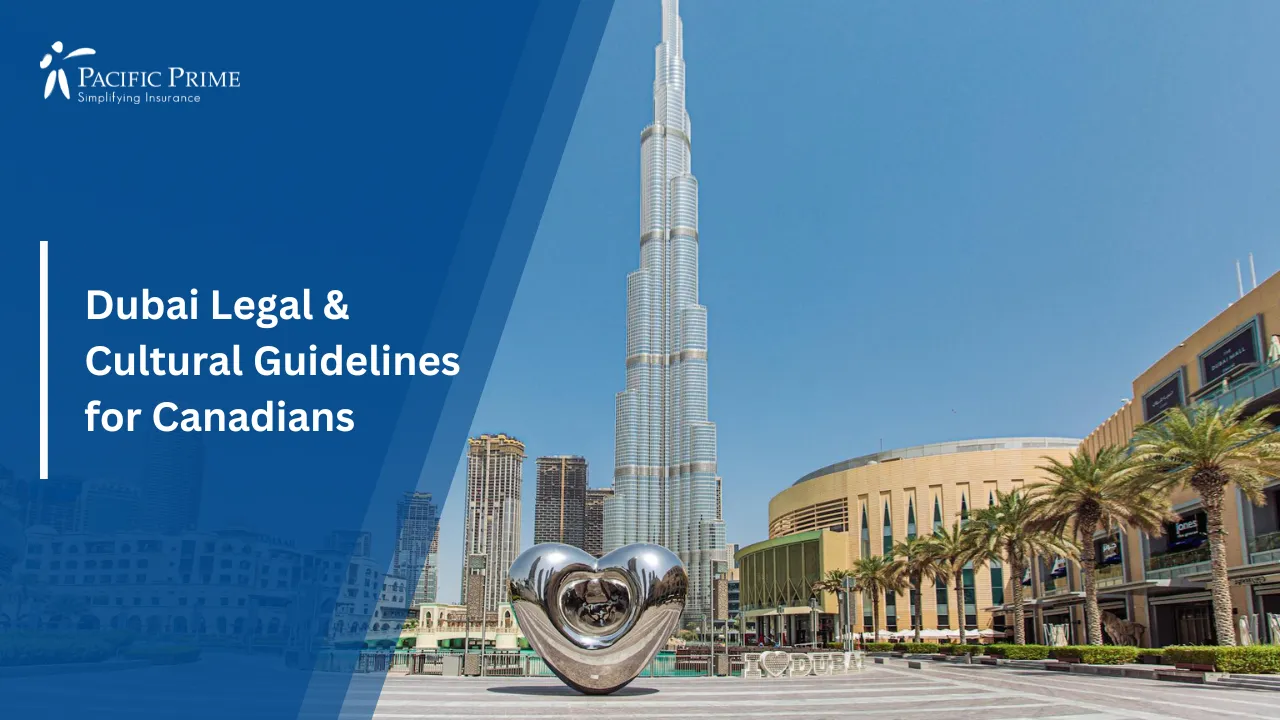 Image of Scenic View Of The Burj Khalifa Rising Above Dubai’s Skyline with text overlay of "Dubai Legal & Cultural Guidelines for Canadians"
