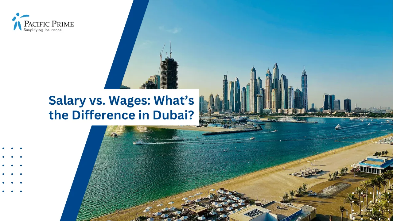 Image of Scenic View Of West Beach At Palm Jumeirah Dubai with text overlay of "Salary vs. Wages: What’s the Difference in Dubai?"