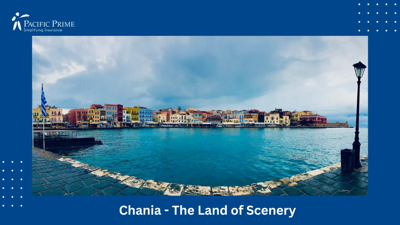 Image of Scenic Waterfront View In Chania, Greece with text overlay of "Chania - The Land of Scenery"