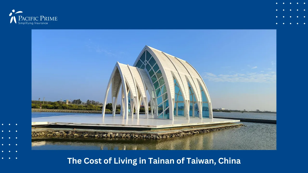 Image of Scenic Waterside Chapel With Modern Design In Tainan, Taiwan with text overlay of "The Cost of Living in Tainan of Taiwan, China"