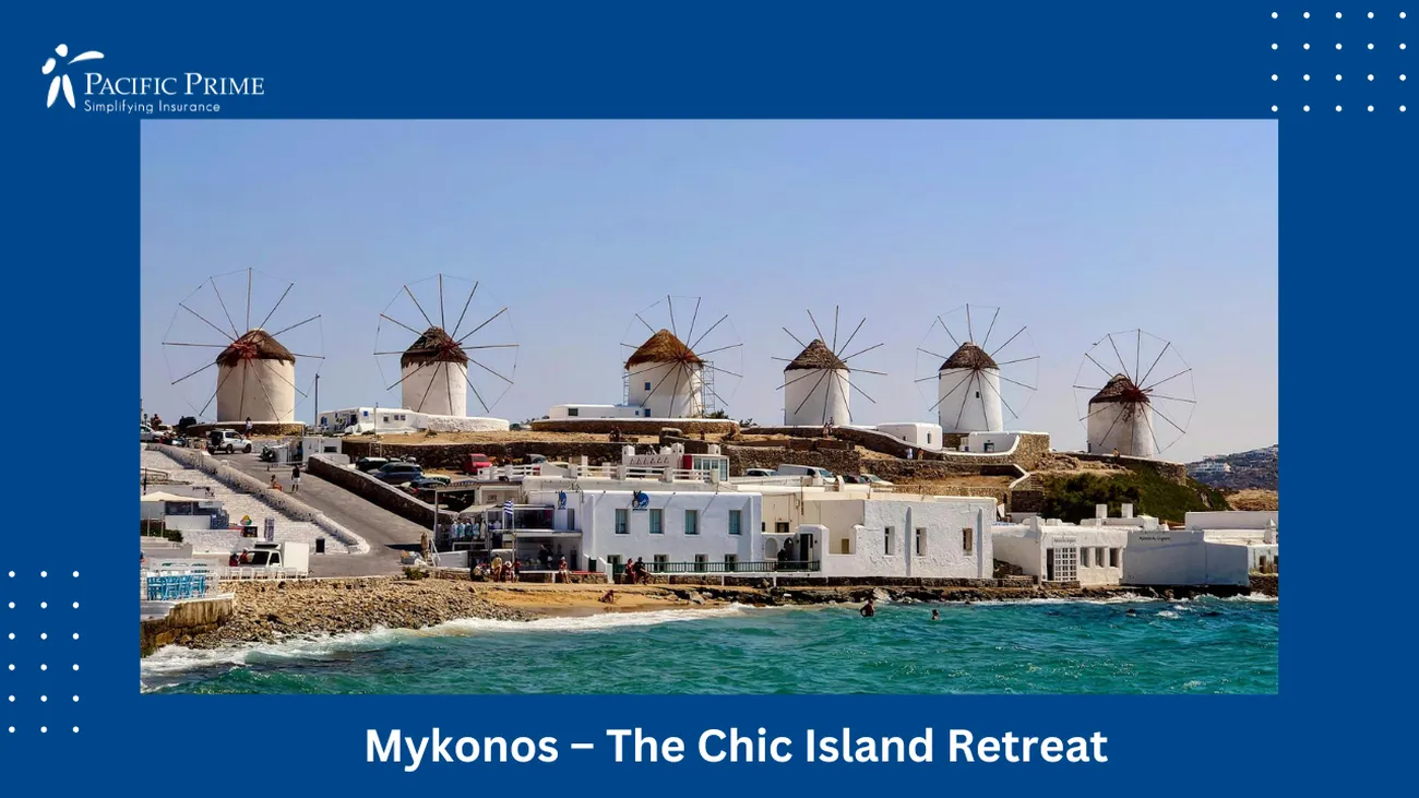 Image of Sea View Of Mykonos Windmills In Greece with text overlay of "Mykonos – The Chic Island Retreat"