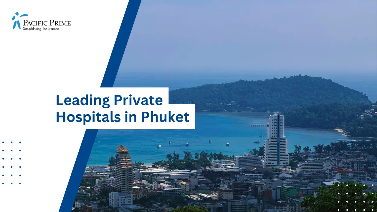 Image of Sea View Of Patong Beach And Cityscape In Phuket, Thailand with text overlay of "Leading Private Hospitals in Phuket"