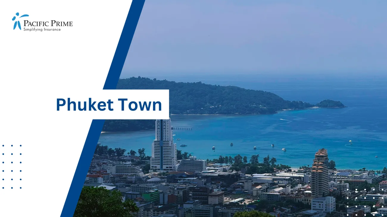 Image of Sea View Of Patong Beach City In Phuket, Thailand with text overlay of "Phuket Town"