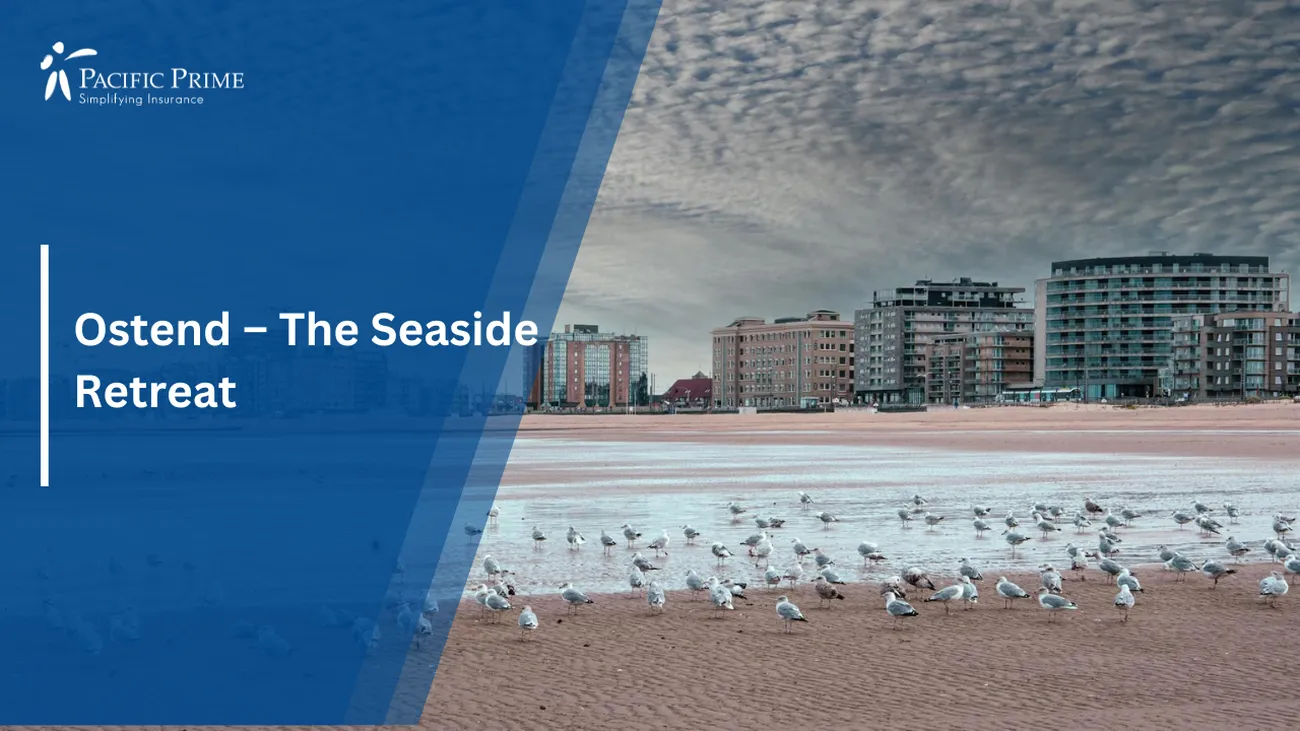Image of Seagulls Fly Over A Sandy Beach In Ostend, Belgium with text overlay of "Ostend – The Seaside Retreat"
