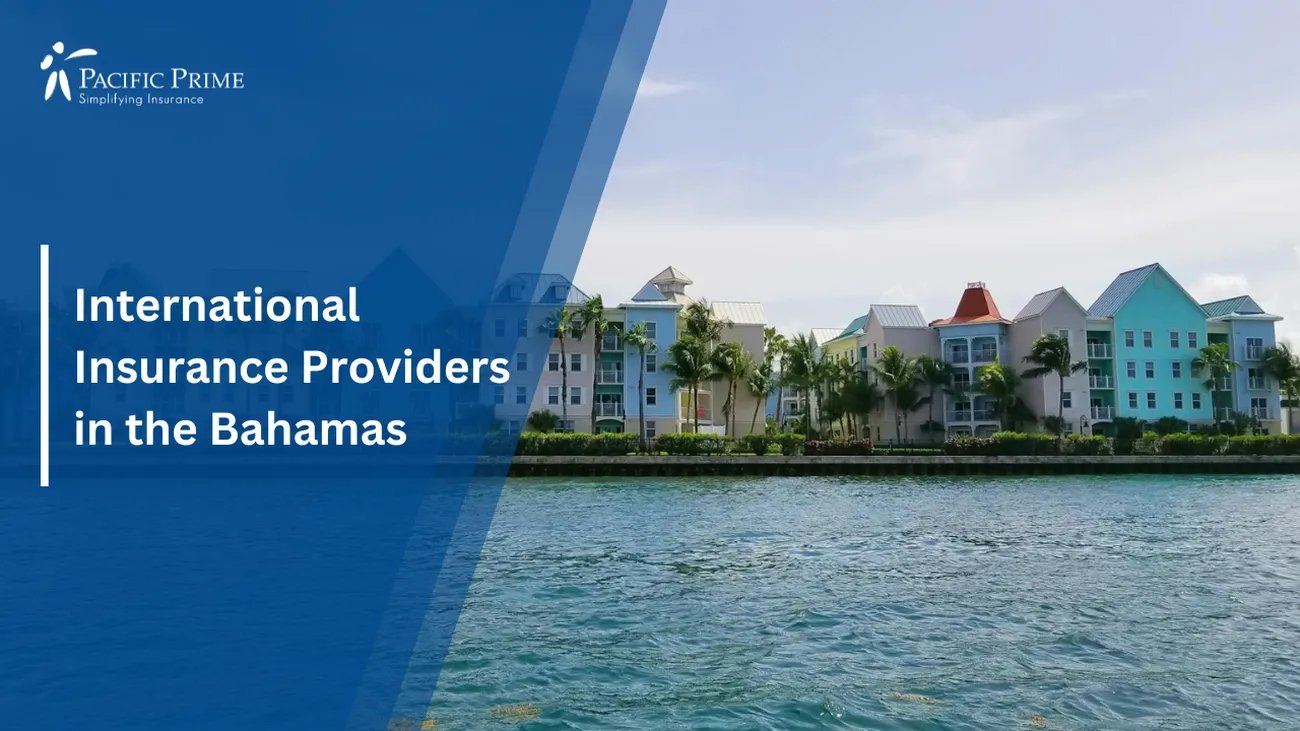 Image of Seaside Buildings In Nassau, New Providence, Bahamas with text overlay of "International Insurance Providers in the Bahamas"