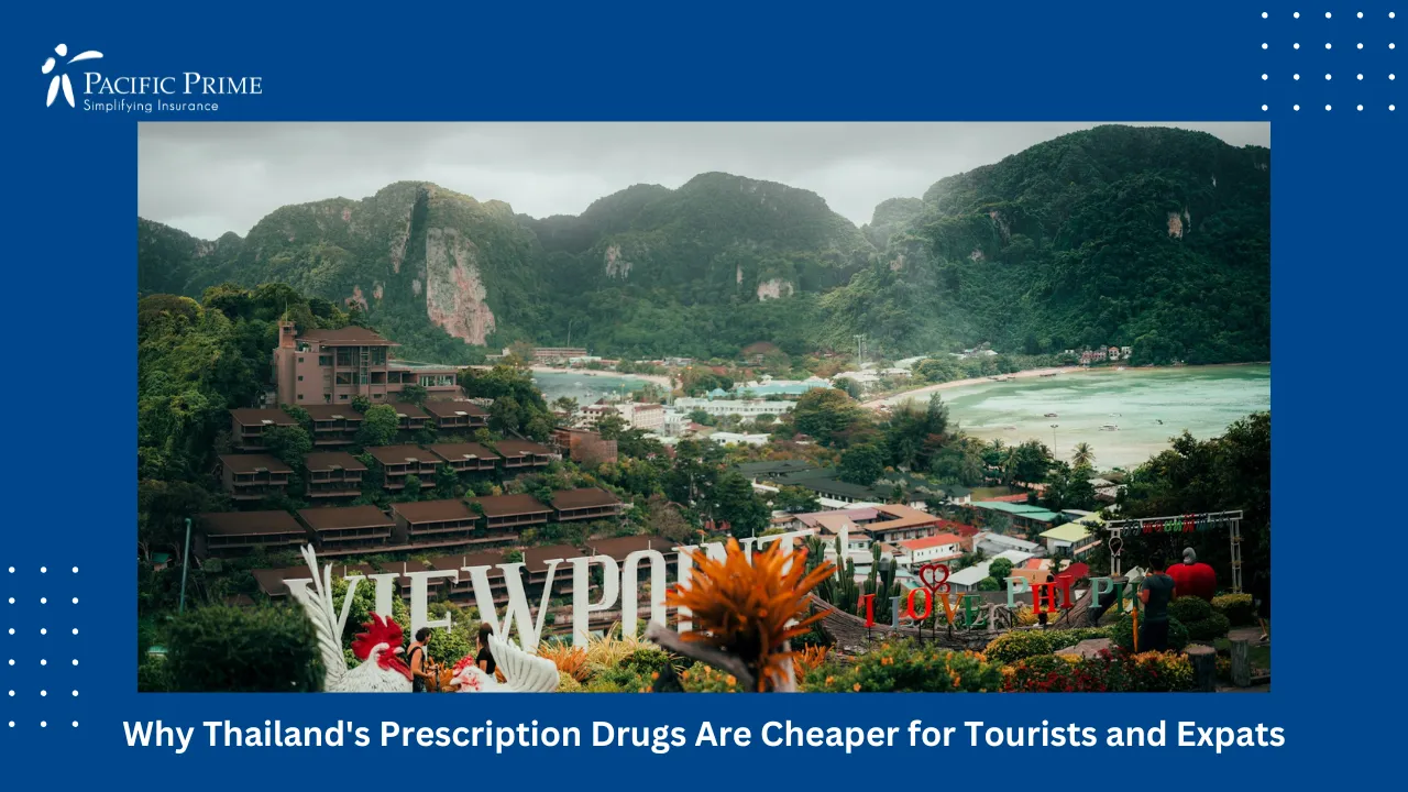 Image of Seaside Town With Mountain Backdrop, Phi Phi Islands, Krabi, Thailand with text overlay of "Why Thailand's Prescription Drugs Are Cheaper for Tourists and Expats"