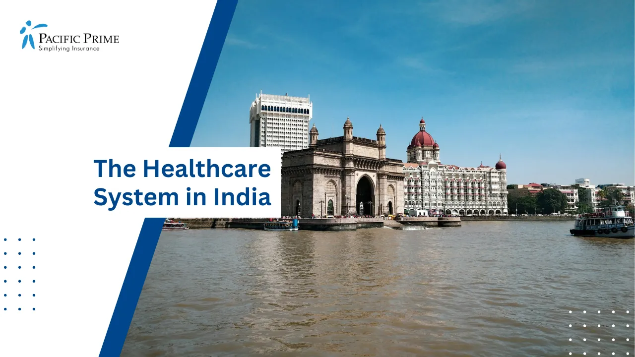Image of Seaside View Of The Gateway Of India Monument In Mumbai with text overlay of "The Healthcare System in India"