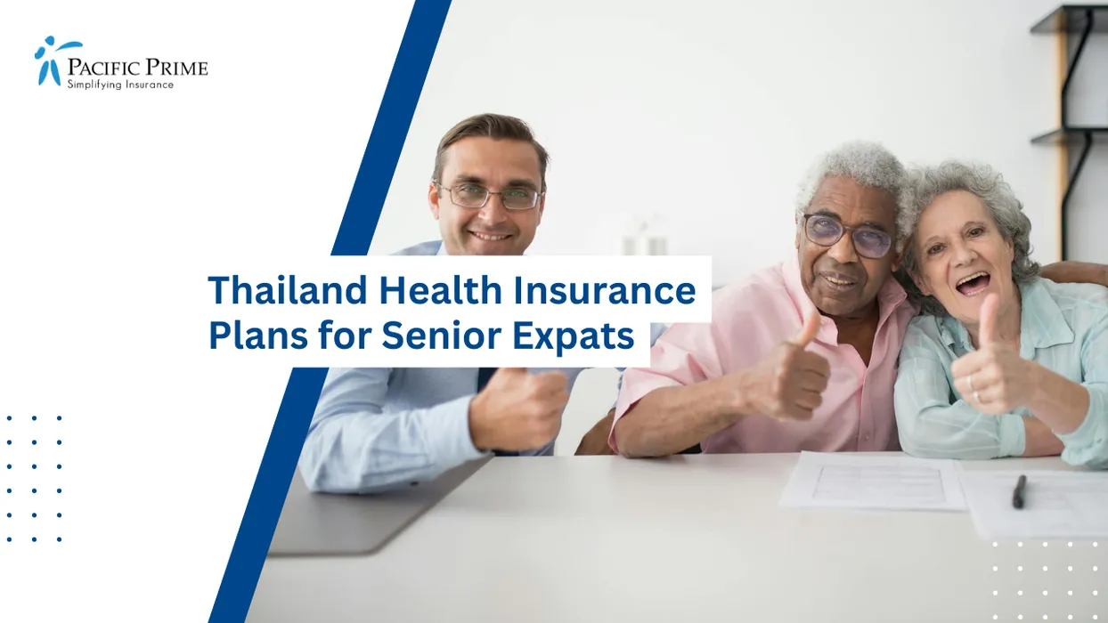 Image of Senior Couple Meeting Advisor In A Bangkok Office, Smiling During Paperwork Consultation with text overlay of "Thailand Health Insurance Plans for Senior Expats"