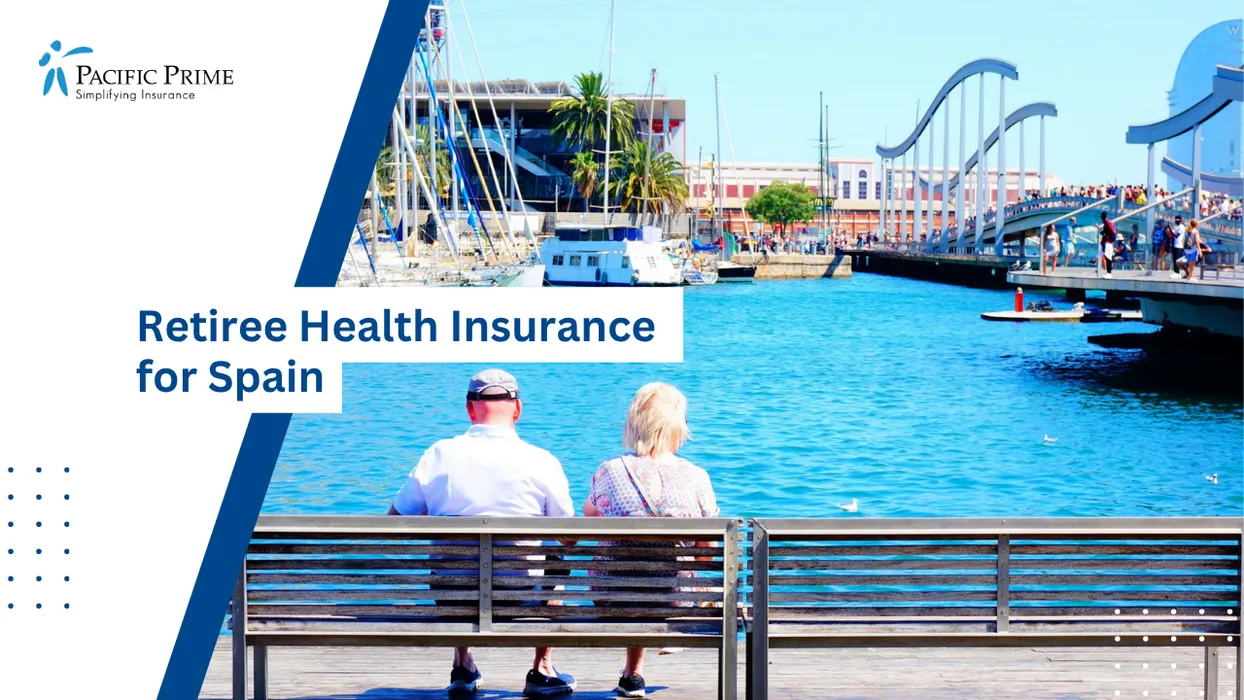Image of Senior Couple Seated On A Bench By The Waterfront Watching Calm Waters with text overlay of "Retiree Health Insurance for Spain"