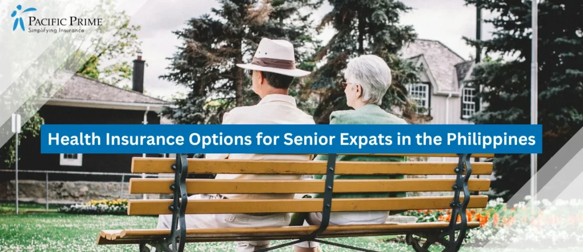 Image of Senior Couple Sitting On A Wooden Bench Outdoors During Daytime with text overlay of "Health Insurance Options for Senior Expats in the Philippines"