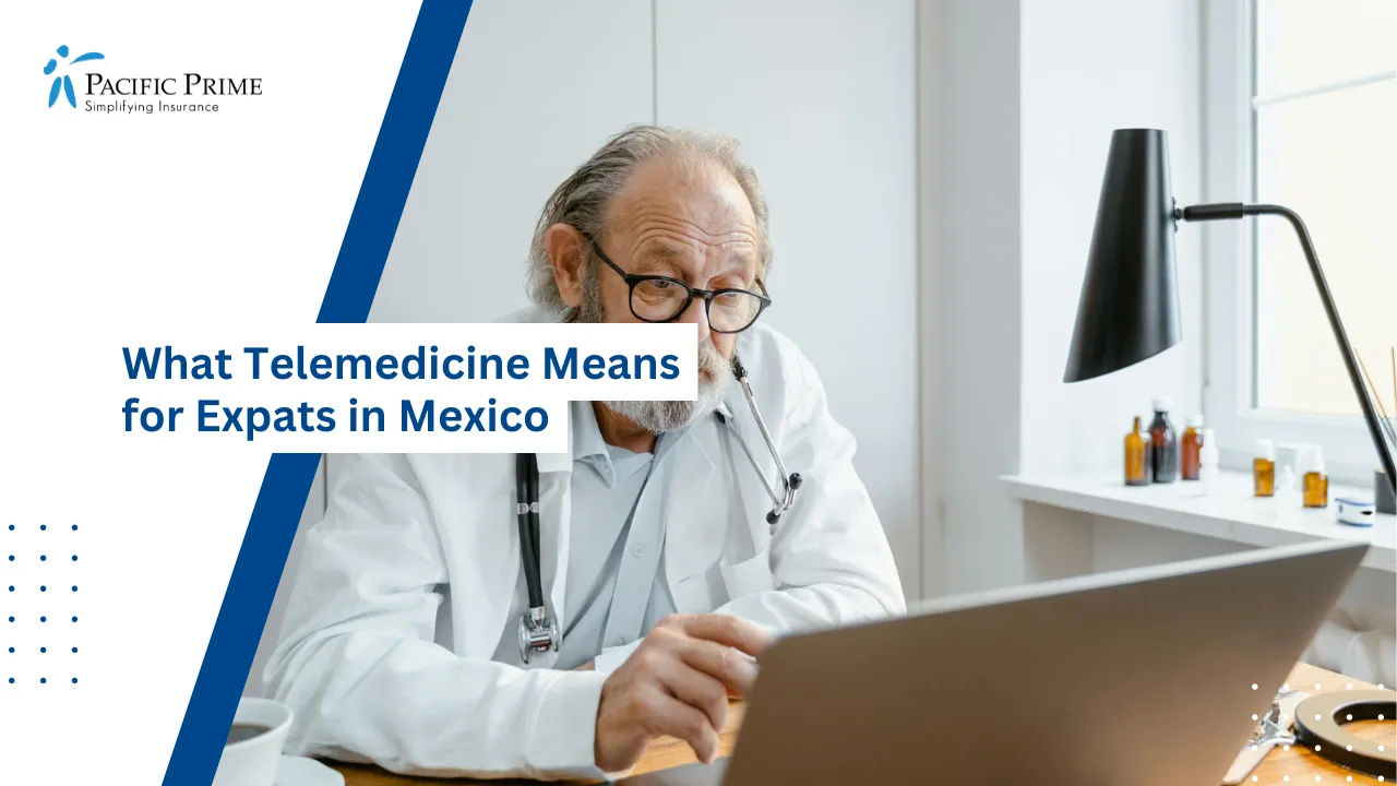 Image of Senior Doctor On Video Call Using Laptop In Clinic Office with text overlay of "What Telemedicine Means for Expats in Mexico"