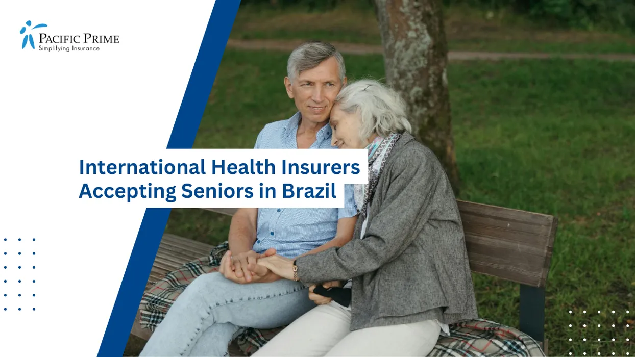 Image of Senior Pair Resting Together On Park Bench In A Quiet Outdoor Setting with text overlay of "International Health Insurers Accepting Seniors in Brazil"