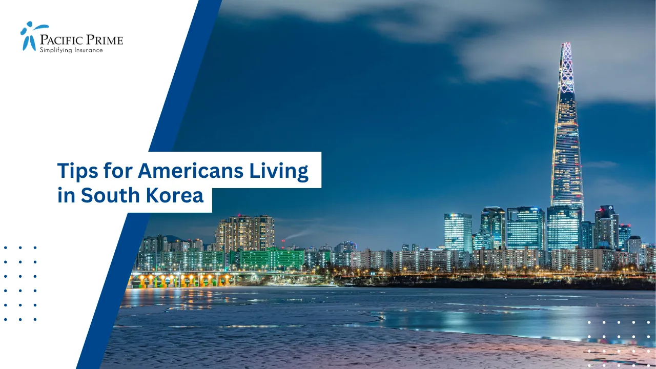Image of Seoul Skyline At Night With Lotte Tower Reflecting On The Waterfront with text overlay of "Tips for Americans Living in South Korea"