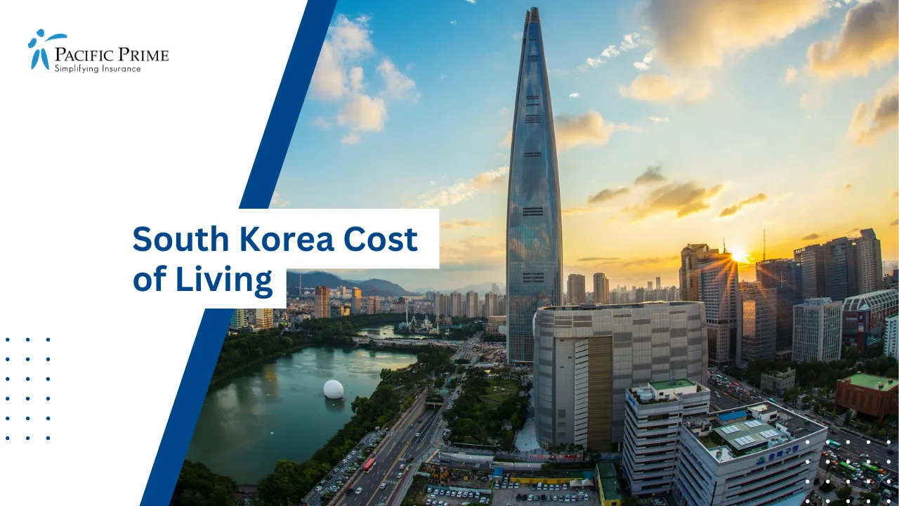 Image of Seoul Skyline With Lotte World Tower At Sunset with text overlay of "South Korea Cost of Living"
