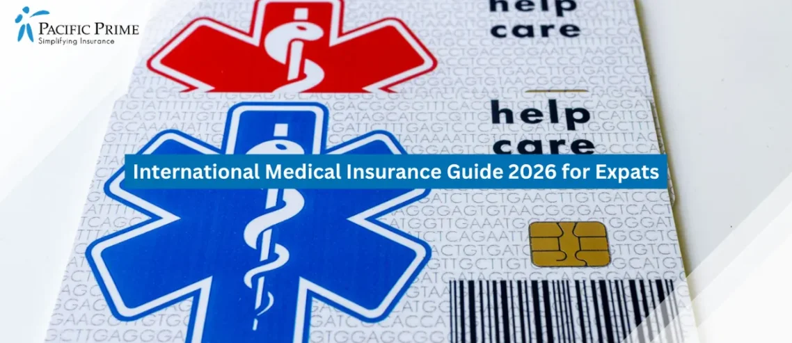 Image of Set Of Healthcare ID Cards Featuring Medical Icons And Identification Details with text overlay of "International Medical Insurance Guide 2026 for Expats"