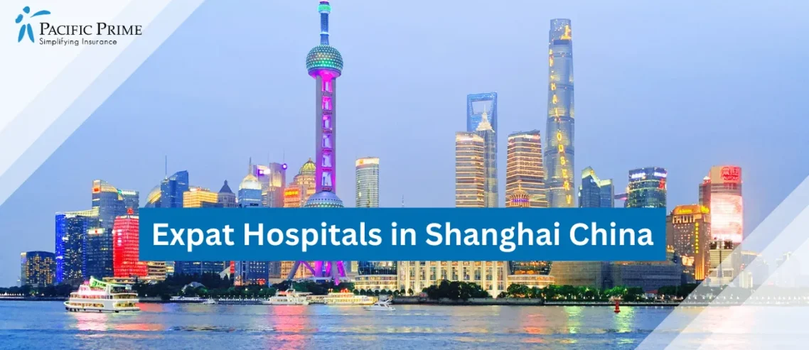 Image of Shanghai Building Illuminated At Night with text overlay of "Expat Hospitals in Shanghai China"