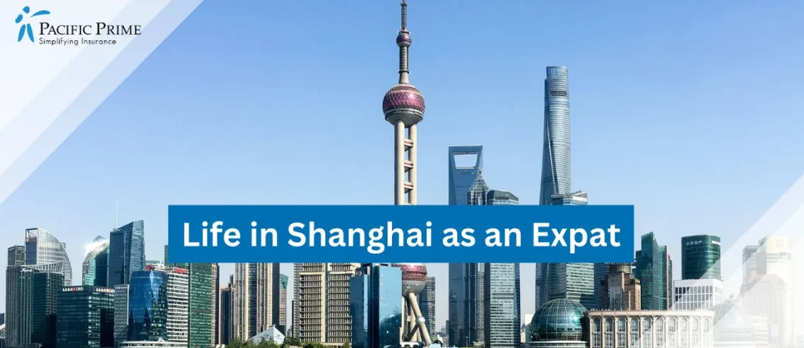 Image of Shanghai City Skyline View In China with text overlay of "Life in Shanghai as an Expat"