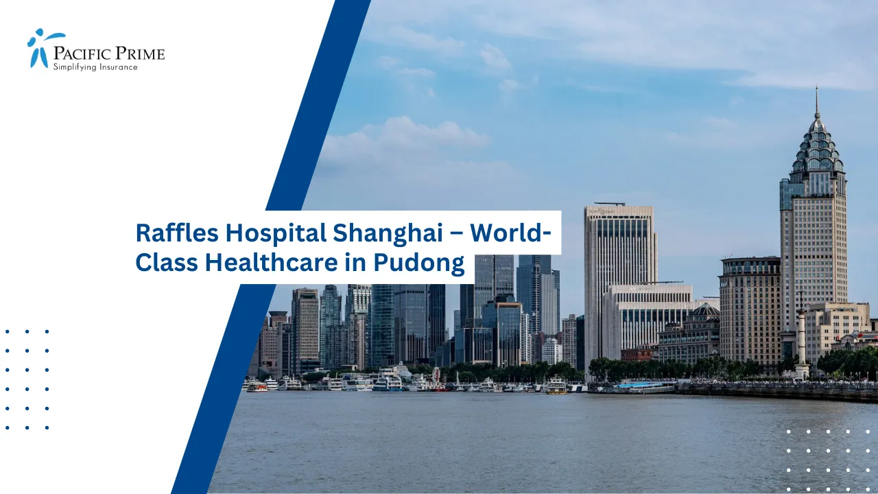 Image of Shanghai City Skyline With Modern High-rise Buildings with text overlay of "Raffles Hospital Shanghai – World-Class Healthcare in Pudong"