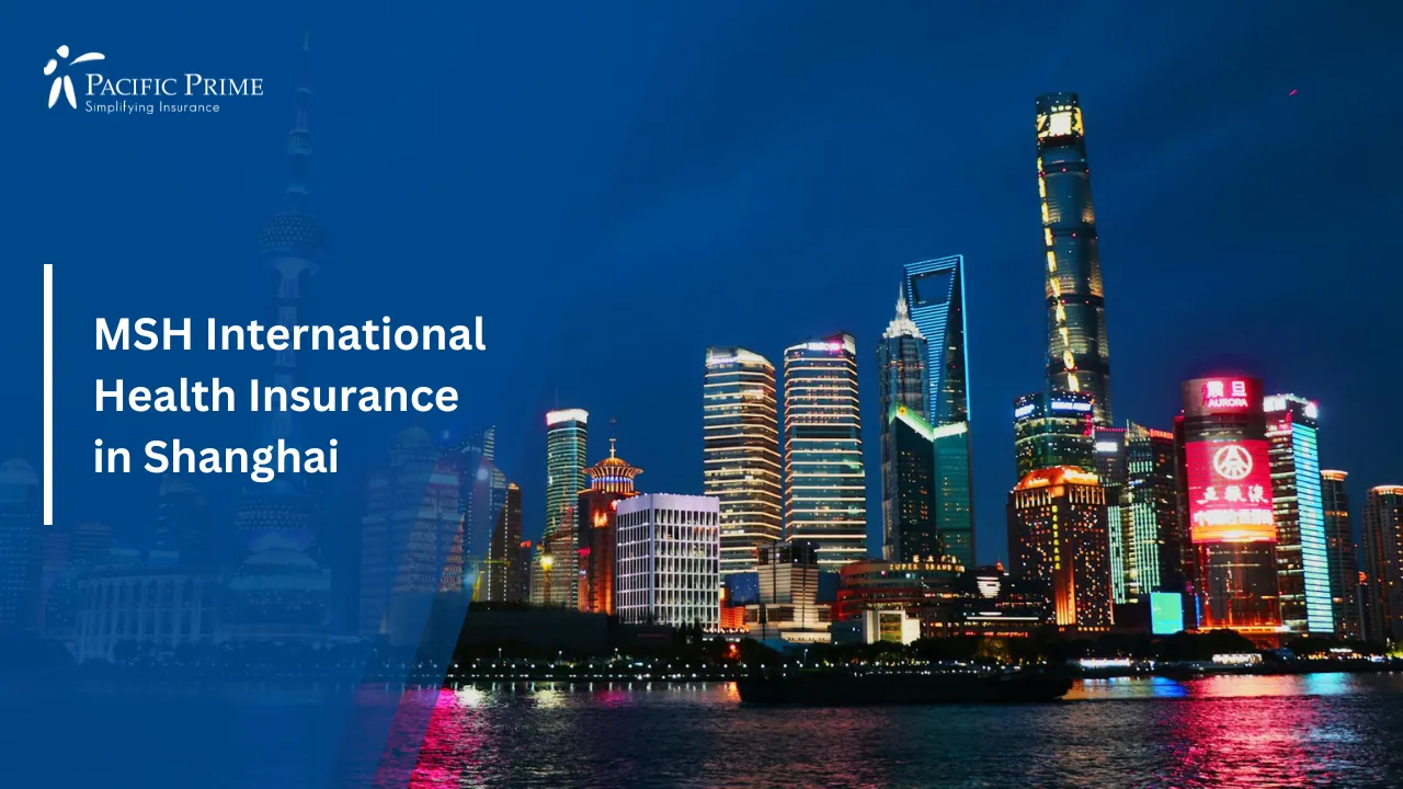 Image of Shanghai Skyline At Night With Skyscrapers Reflecting On The Water with text overlay of "MSH International Health Insurance in Shanghai"