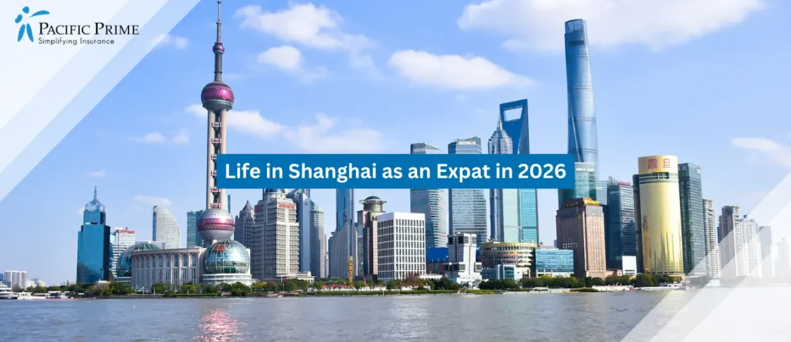 Image of Shanghai Skyline Stretching Across The River With Modern City Towers with text overlay of "Life in Shanghai as an Expat in 2026"