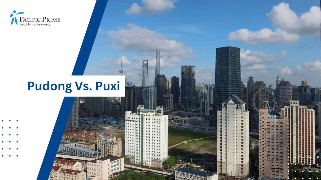 Image of Shanghai Skyline With Towering Modern Structures with text overlay of "Pudong Vs. Puxi"