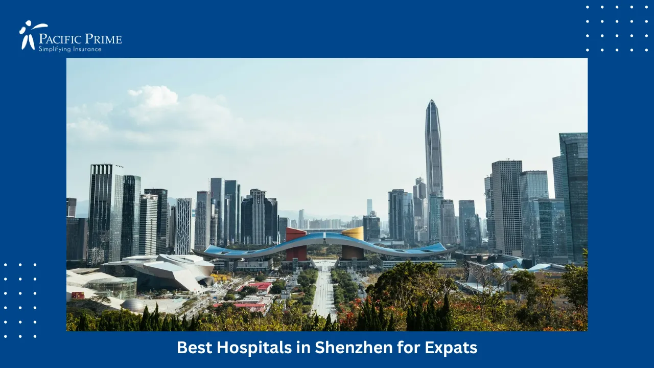 Image of Shenzhen City Skyline Captured In A Landscape View with text overlay of "Best Hospitals in Shenzhen for Expats"