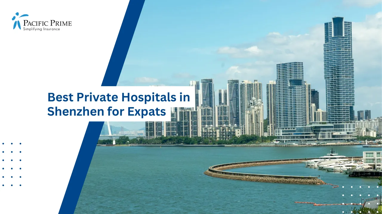 Image of Shenzhen Skyline With Tall Modern Skyscrapers In Guangdong Province with text overlay of "Best Private Hospitals in Shenzhen for Expats"
