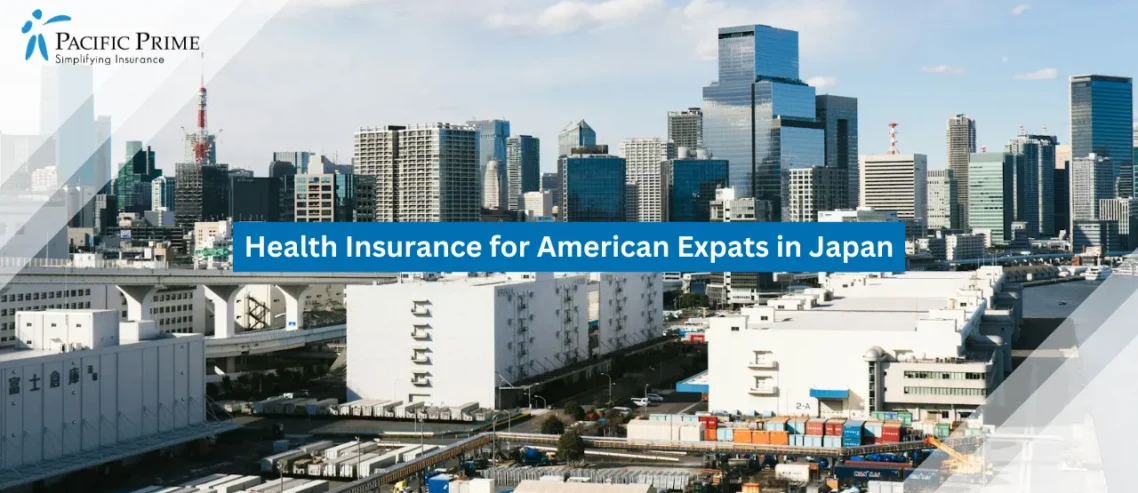 Image of Shibaura Pier Overlooking Tokyo’s Waterfront Skyline with text overlay of "Health Insurance for American Expats in Japan"