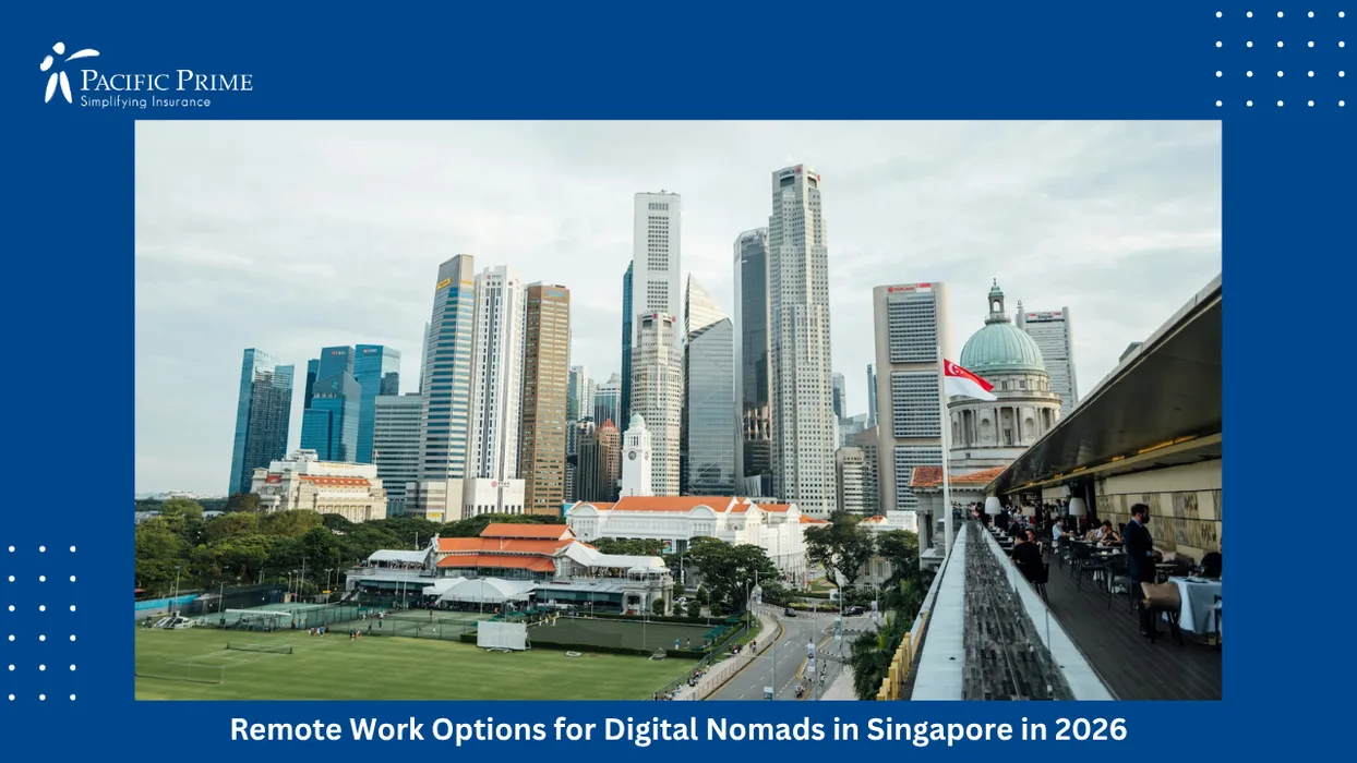 Image of Singapore CBD Skyline From National Gallery Rooftop With Clustered High-rise Towers with text overlay of "Remote Work Options for Digital Nomads in Singapore in 2026"