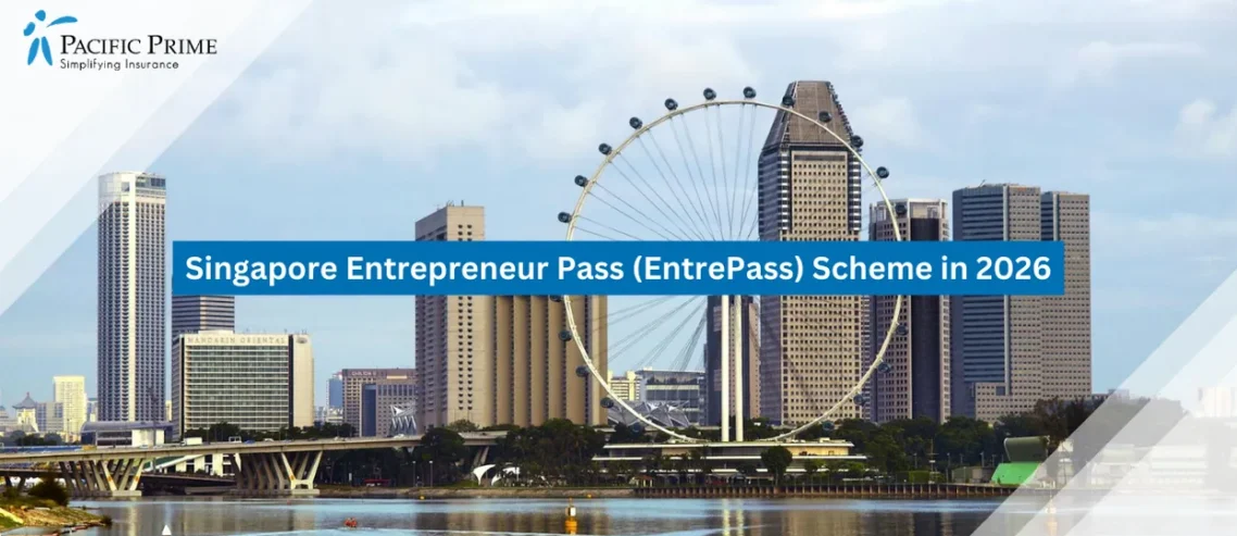 Image of Singapore Flyer Observation Wheel Rising Above The Downtown Core Skyline Near Marina Bay with text overlay of "Singapore Entrepreneur Pass (EntrePass) Scheme in 2026"