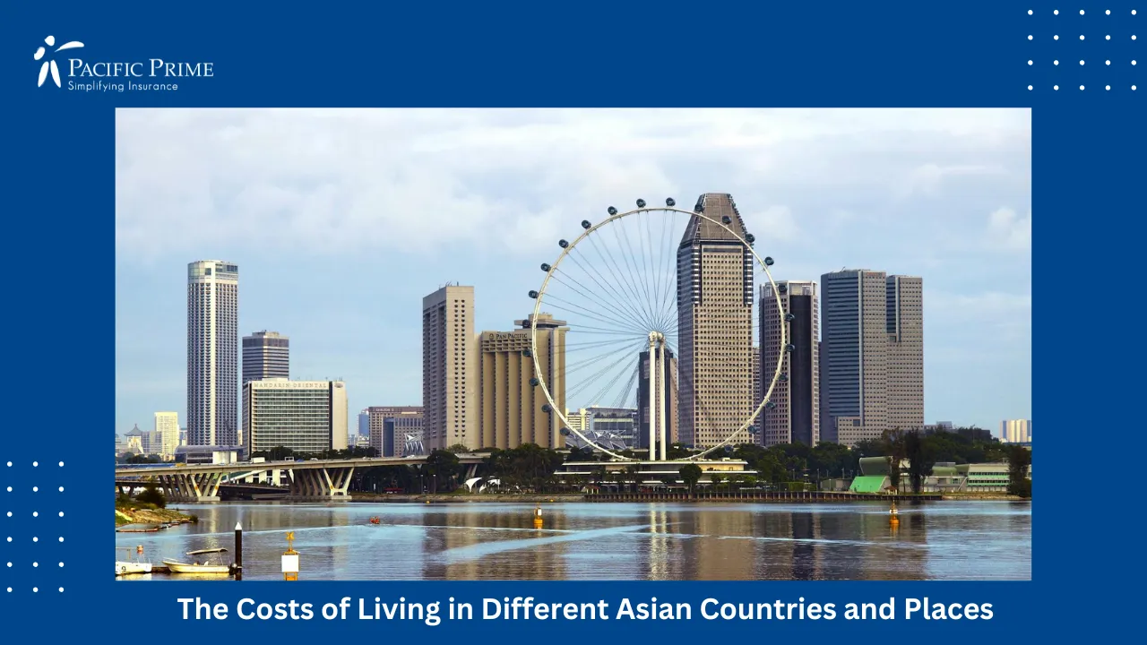Image of Singapore Flyer Overlooking City Skyline At Downtown Core with text overlay of "The Costs of Living in Different Asian Countries and Places"