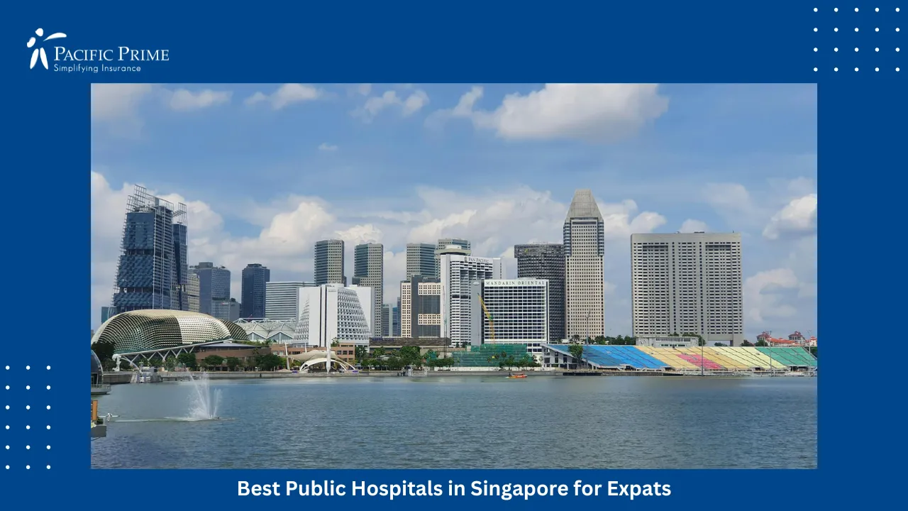 Image of Singapore Skyline With High-rise Buildings And Waterfront Under A Clear Blue Sky with text overlay of "Best Public Hospitals in Singapore for Expats"