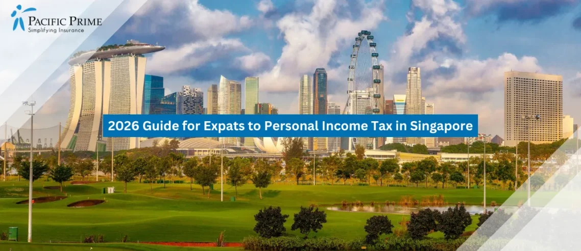 Image of Singapore Skyline With Marina Bay Sands Rising Beyond A Green Golf Course with text overlay of "2026 Guide for Expats to Personal Income Tax in Singapore"