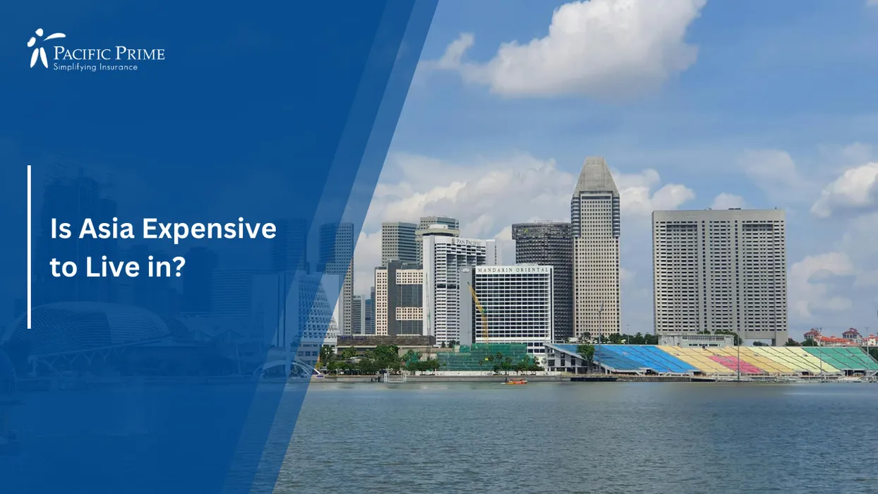 Image of Singapore Skyline With Sleek High-rise Towers And Dense Urban Cityscape with text overlay of "Is Asia Expensive to Live in?"