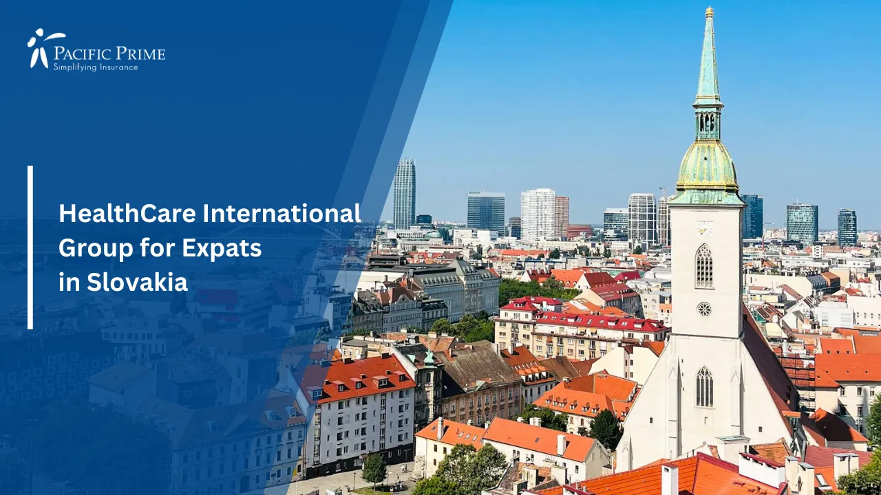 Image of Skyline Of Bratislava With Saint Martin’s Cathedral with text overlay of "HealthCare International Group for Expats in Slovakia"