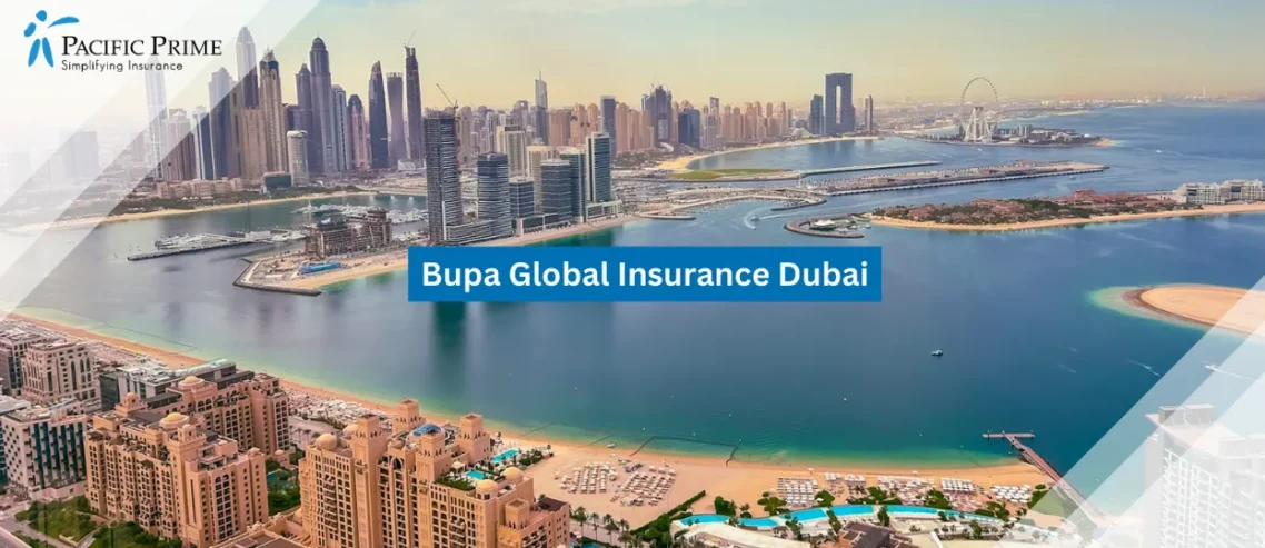 Image of Skyline Of Dubai Marina With Clustered High-rises And Winding Waterfront Channel with text overlay of "Bupa Global Insurance Dubai"