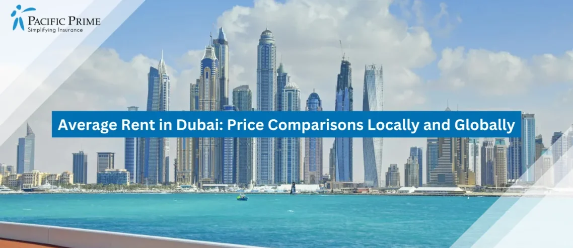 Image of Skyline Of Dubai With Waterfront View with text overlay of "Average Rent in Dubai: Price Comparisons Locally and Globally"