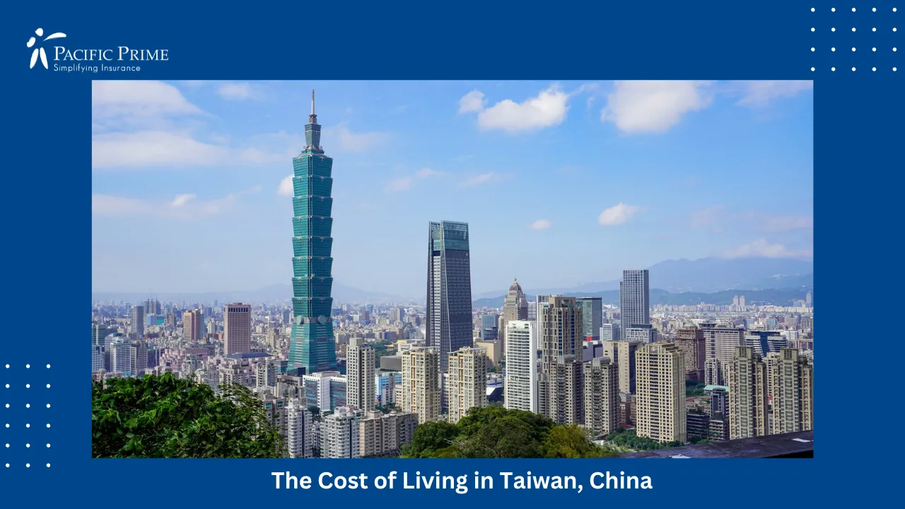 Image of Skyline Of Taipei With Taipei 101 Viewed From Elephant Mountain with text overlay of "The Cost of Living in Taiwan, China"