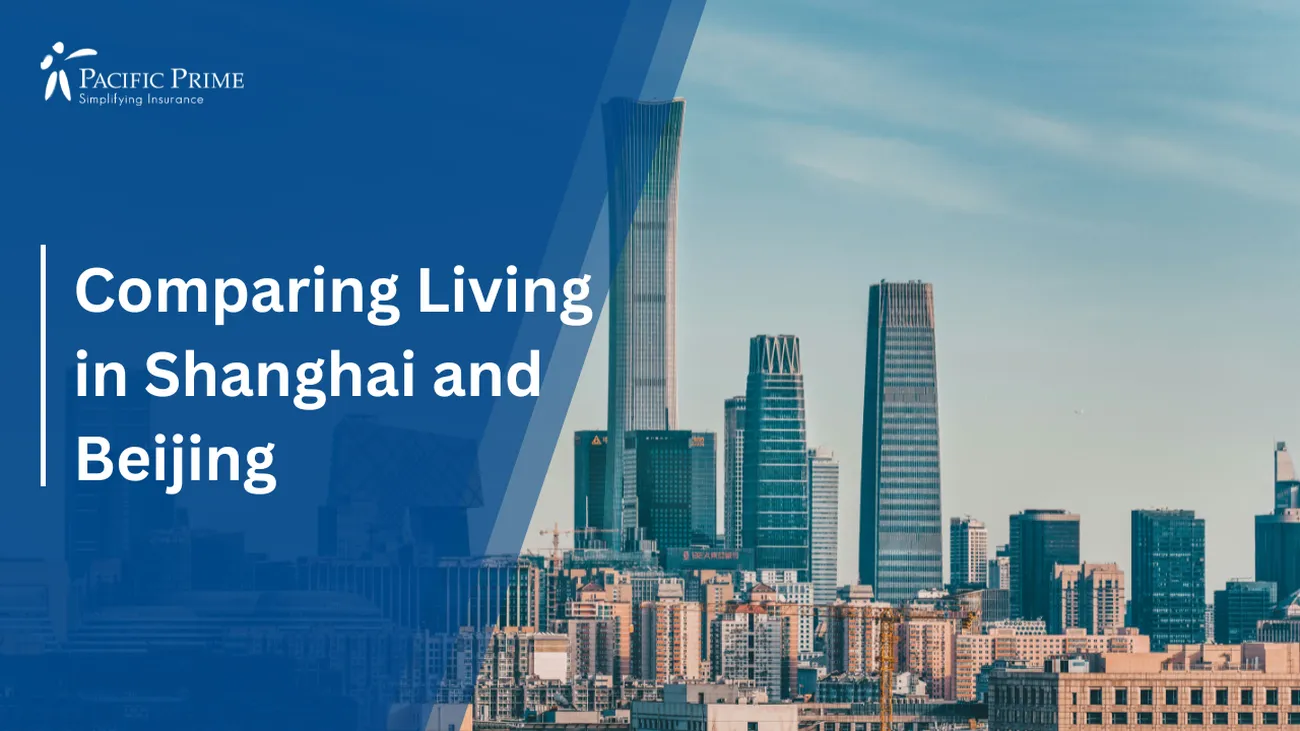 Image of Skyline View Of Beijing, China with text overlay of "Comparing Living in Shanghai and Beijing"