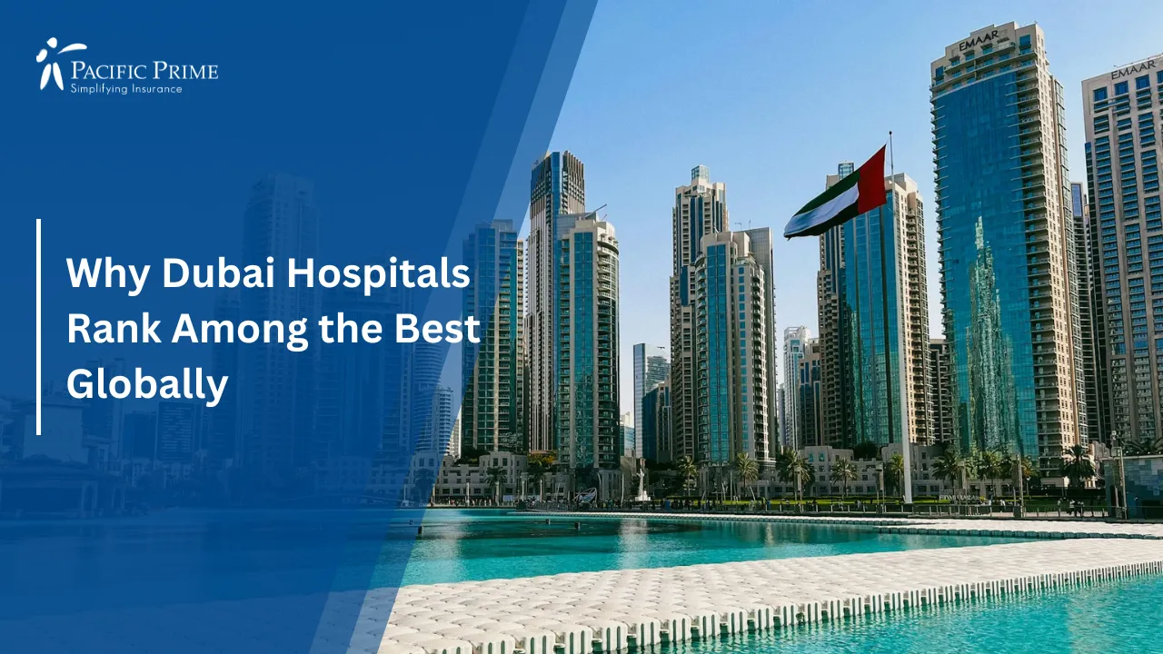 Image of Skyline View Of Downtown Dubai With Modern High-rise Buildings with text overlay of "Why Dubai Hospitals Rank Among the Best Globally"