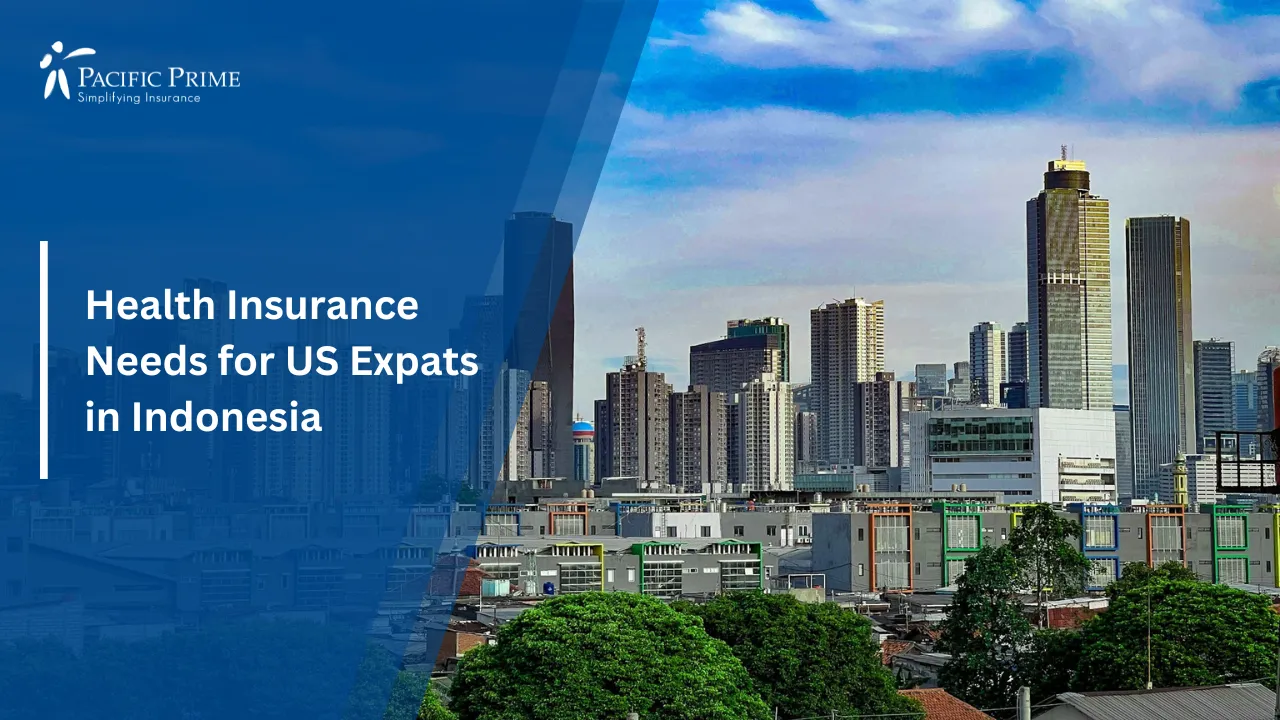 Image of Skyline View Of Jakarta With Modern Skyscrapers with text overlay of "Health Insurance Needs for US Expats in Indonesia"