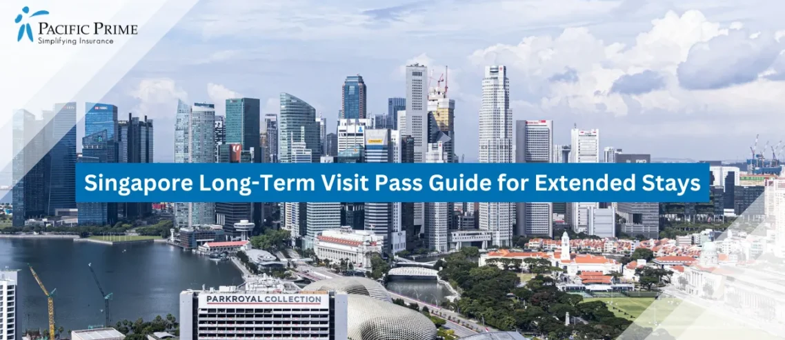 Image of Skyline View Of Raffles Place With Waterfront During Daytime with text overlay of "Singapore Long-Term Visit Pass Guide for Extended Stays"