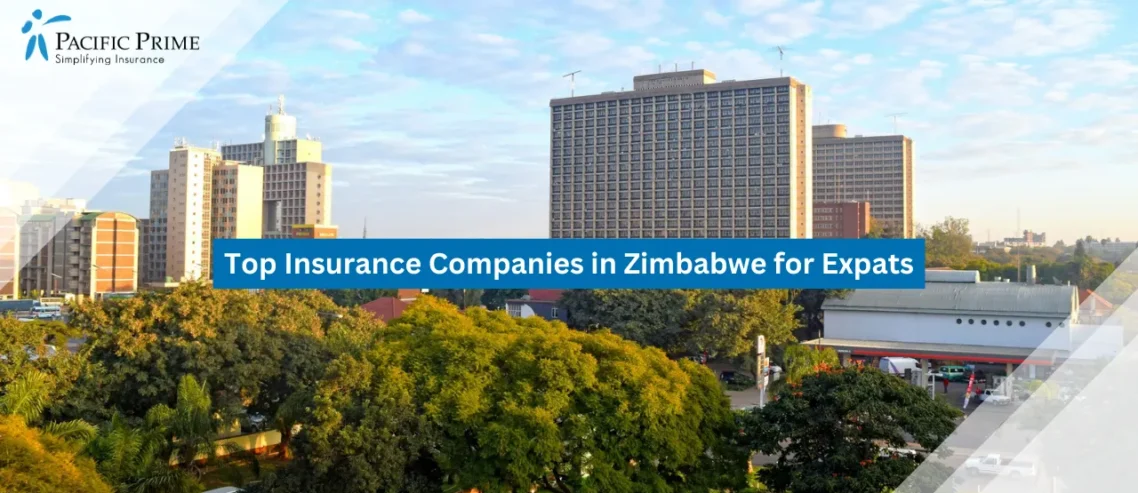 Image of Skyline View Of Tall Buildings In Harare, Zimbabwe with text overlay of "Top 10 Insurance Companies in Zimbabwe for Expats"
